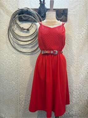Vintage Red Pleated Midi Dress with Spaghetti Straps size M-L